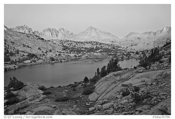 Palissade range and lake at dusk, Lower Dusy basin. Kings Canyon National Park, California, USA.