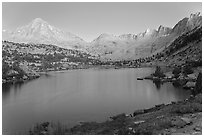 Columbine Peak, Palissades, and Mt Giraud at dusk above lake. Kings Canyon National Park, California, USA. (black and white)