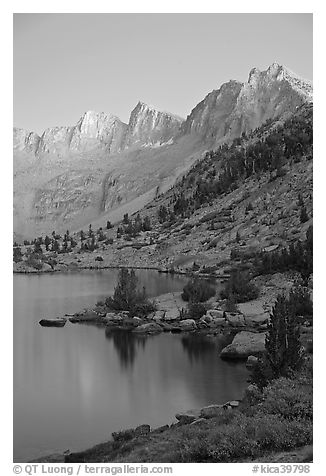 Lake and Mt Giraud at dusk, Lower Dusy basin. Kings Canyon National Park (black and white)