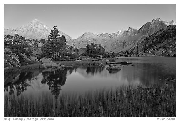 Lake, grasses, and Palissade mountains at dusk. Kings Canyon National Park (black and white)