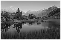 Lake, grasses, and Palissade mountains at dusk. Kings Canyon National Park, California, USA. (black and white)