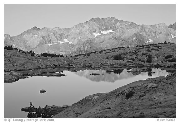 Mountains and lake, upper Dusy basin, sunrise. Kings Canyon National Park, California, USA.