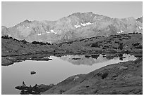 Mountains and lake, upper Dusy basin, sunrise. Kings Canyon National Park, California, USA. (black and white)