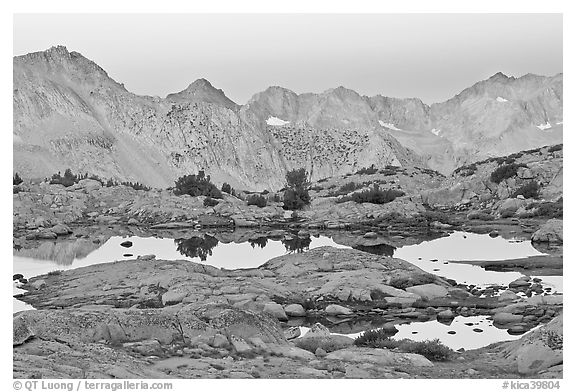 Alpine lakes and mountain range at dawn, Dusy Basin. Kings Canyon National Park, California, USA.