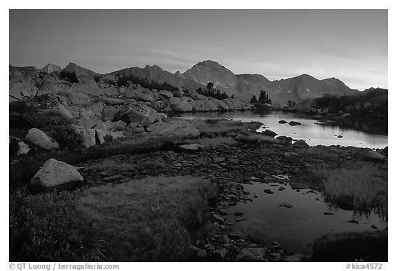 Ponds in Dusy Basin and Mt Giraud, sunset. Kings Canyon National Park, California, USA.