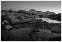 Ponds in Dusy Basin and Mt Giraud, sunset. Kings Canyon National Park, California, USA. (black and white)