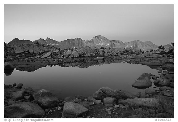 Pond in Dusy Basin and Mt Giraud, dawn. Kings Canyon National Park (black and white)