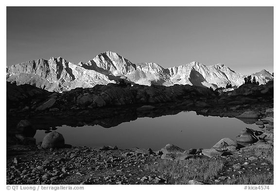 Pond in Dusy Basin and Mt Giraud, early morning. Kings Canyon National Park (black and white)