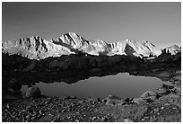 Pond in Dusy Basin and Mt Giraud, early morning. Kings Canyon National Park, California, USA. (black and white)