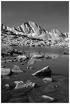 Mt Giraud reflected in a lake in Dusy Basin, morning. Kings Canyon National Park, California, USA. (black and white)
