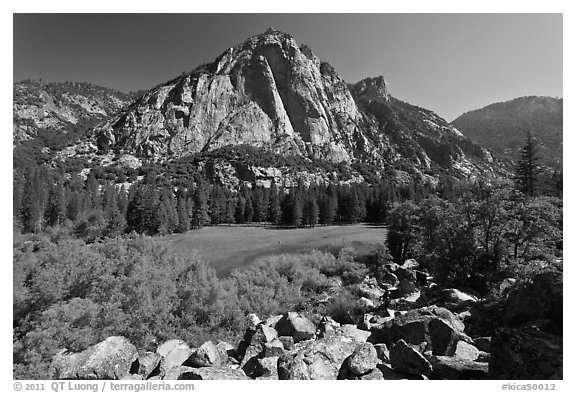 Zumwalt Meadow and North Dome in spring. Kings Canyon National Park (black and white)