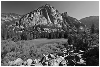 Zumwalt Meadow and North Dome in spring. Kings Canyon National Park, California, USA. (black and white)