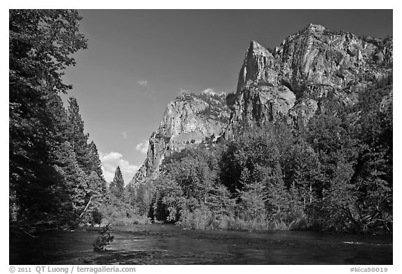 Granite cliffs raising above South Forks of the Kings River. Kings Canyon National Park (black and white)