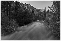 South Forks of the Kings River flowing at dusk. Kings Canyon National Park, California, USA. (black and white)