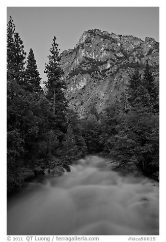 Roaring River flowing at dusk. Kings Canyon National Park (black and white)