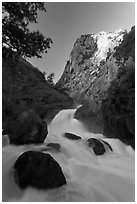 Roaring River Falls below high granite cliff. Kings Canyon National Park, California, USA. (black and white)