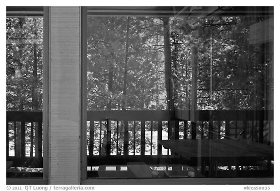 South Forks of the Kings River, Cedar Grove Lodge window reflexion. Kings Canyon National Park, California, USA.