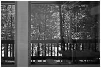 South Forks of the Kings River, Cedar Grove Lodge window reflexion. Kings Canyon National Park, California, USA. (black and white)