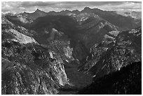 Glacial valley from above, Cedar Grove. Kings Canyon National Park, California, USA. (black and white)