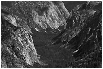 Valley carved by glaciers from above, Cedar Grove. Kings Canyon National Park, California, USA. (black and white)