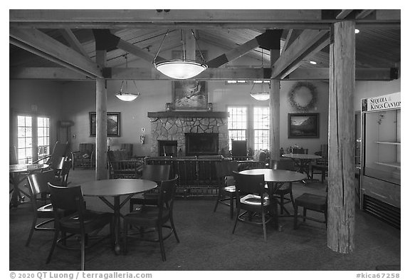 John Muir Lodge fireplace room. Kings Canyon National Park (black and white)