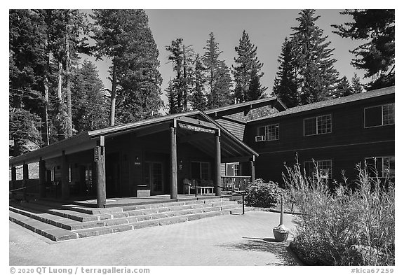 John Muir Lodge entrance. Kings Canyon National Park (black and white)
