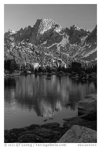 Peak reflected in Kearsarge Lake, evening. Kings Canyon National Park (black and white)