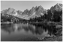 Kearsarge Pinnacles reflected in Kearsarge Lakes, twilight. Kings Canyon National Park ( black and white)