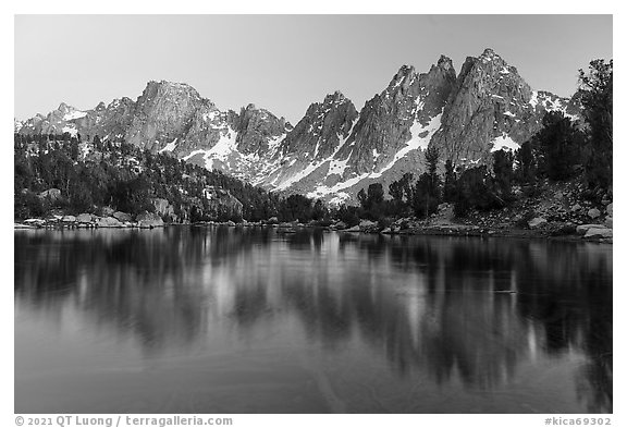 Kearsarge Pinnacles mirorred in Kearsarge Lakes, dusk. Kings Canyon National Park (black and white)