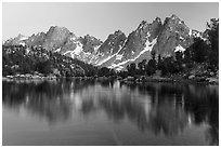 Kearsarge Pinnacles mirorred in Kearsarge Lakes, dusk. Kings Canyon National Park ( black and white)