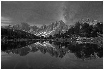 Kearsarge Pinnacles and Kearsarge Lakes at dawn with stars. Kings Canyon National Park ( black and white)