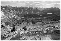 Women hikers descend trail from Kearsarge Pass. Kings Canyon National Park ( black and white)