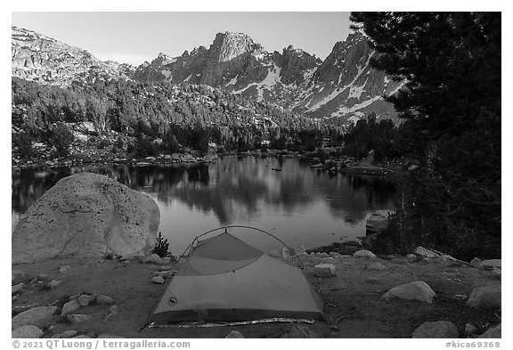 Tent next to Kearsarge Lakes. Kings Canyon National Park (black and white)