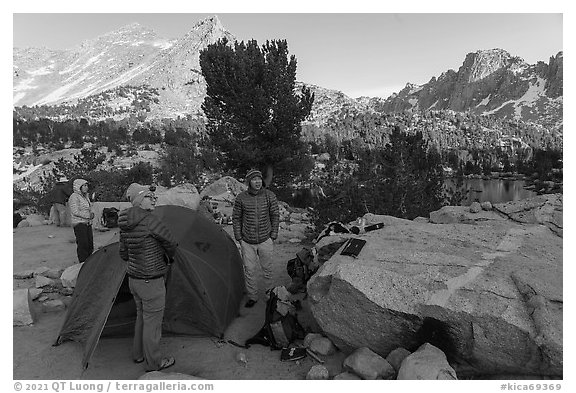 Backpacking camp near Kearsarge Lakes. Kings Canyon National Park (black and white)