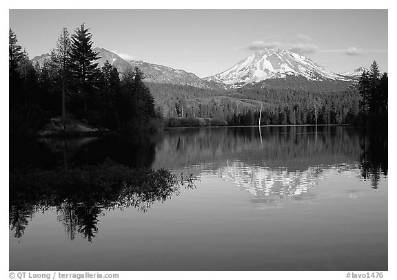 Manzanita lake and Mount Lassen in early summer, sunset. Lassen Volcanic National Park, California, USA.