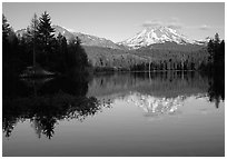 Manzanita lake and Mount Lassen in early summer, sunset. Lassen Volcanic National Park, California, USA. (black and white)