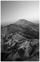 Mt Diller, Pilot Pinnacle, and Lassen Peak from Brokeoff Mountain, sunset. Lassen Volcanic National Park, California, USA. (black and white)