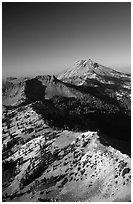 Mt Diller, Pilot Pinnacle, and Lassen Peak from Brokeoff Mountain, late afternoon. Lassen Volcanic National Park, California, USA. (black and white)