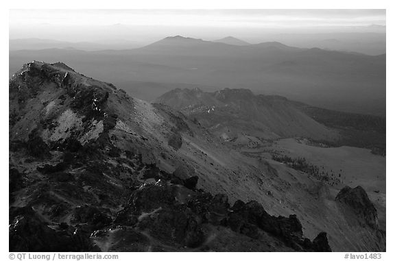 Summit of Lassen Peak with volcanic formations, sunset. Lassen Volcanic National Park, California, USA.