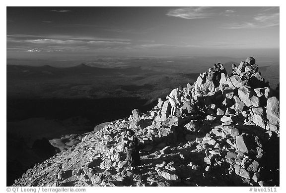 Hikers on Summit of Lassen Peak. Lassen Volcanic National Park (black and white)