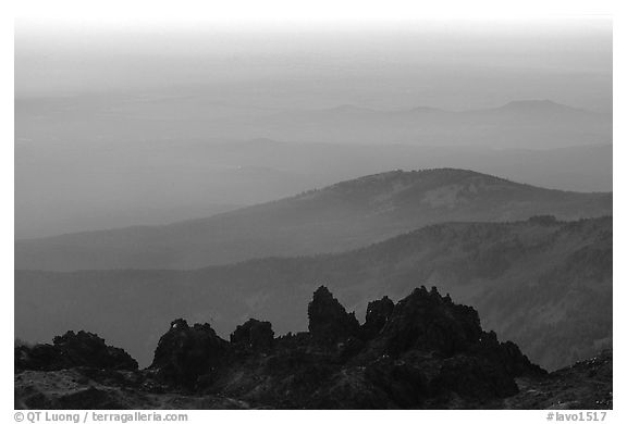 Ridges and volcanic rocks from  summit of Lassen Peak, sunset. Lassen Volcanic National Park (black and white)