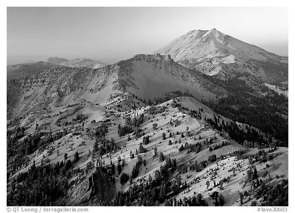 Chain of peaks leading to Lassen Peak, sunset. Lassen Volcanic National Park (black and white)