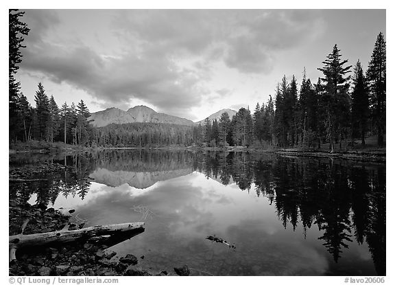 Reflection lake and Chaos Crags, sunset. Lassen Volcanic National Park, California, USA.