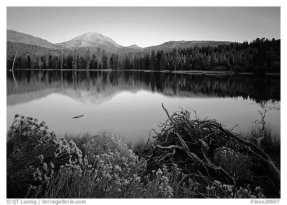 Manzanita lake and Mount Lassen in late summer, sunset. Lassen Volcanic National Park (black and white)