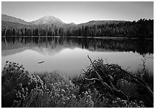 Manzanita lake and Mount Lassen in late summer, sunset. Lassen Volcanic National Park ( black and white)