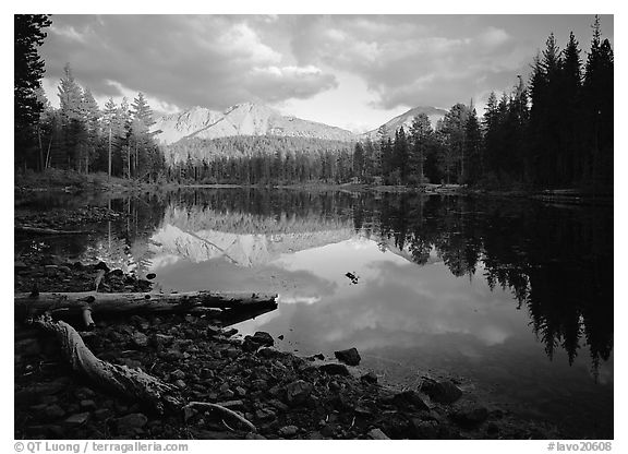 Reflection lake and Chaos Crags, sunset. Lassen Volcanic National Park, California, USA.