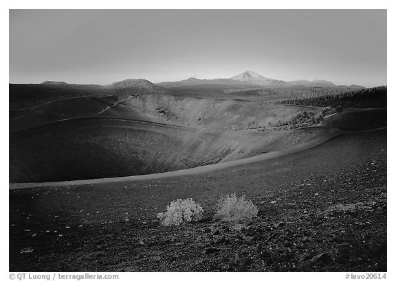 Sagebrush bushes, Cinder cone rim, and Lassen Peak, sunrise. Lassen Volcanic National Park (black and white)