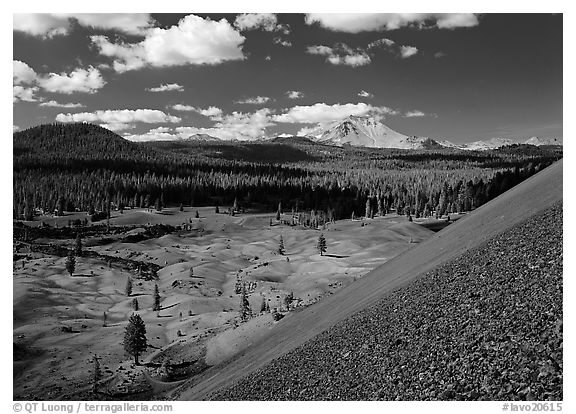 Painted dunes and Lassen Peak seen from Cinder cone slopes. Lassen Volcanic National Park, California, USA.