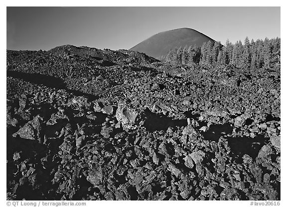 Fantastic lava beds and cinder cone, early morning. Lassen Volcanic National Park (black and white)