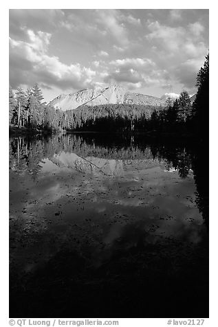 Reflection lake and Chaos Crags, sunset. Lassen Volcanic National Park, California, USA.